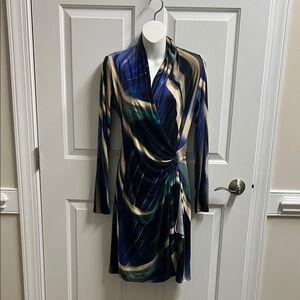 Karen Kane Blue Tan Long Sleeve Dress size small S 346
